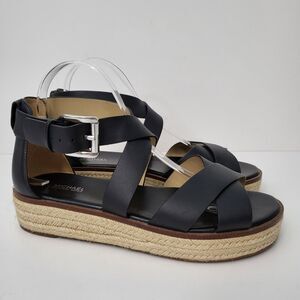 MICHAEL KORS Darby Sandals Womens 9 Black Leather Cross Straps Espadrille Buckle